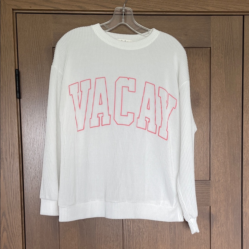 Tres Bien White Ribbed 'VACAY' Sweatshirt with Pink Lettering Size M/L